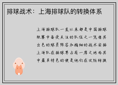 排球战术：上海排球队的转换体系