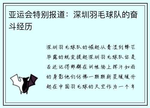 亚运会特别报道：深圳羽毛球队的奋斗经历