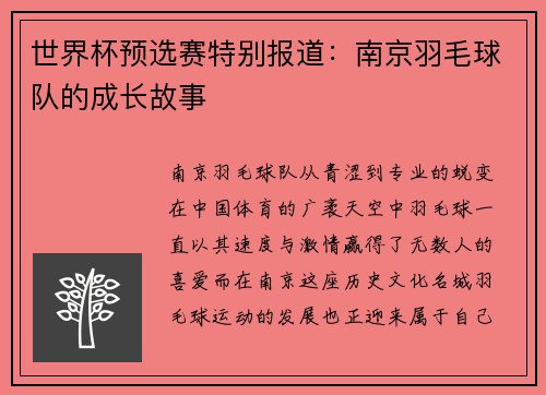 世界杯预选赛特别报道：南京羽毛球队的成长故事